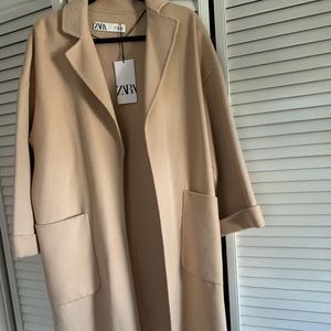 Zara light camel wool blend coat patch pockets
